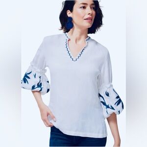 Chico's plus size White linen blend embellished lantern sleeve top - 14